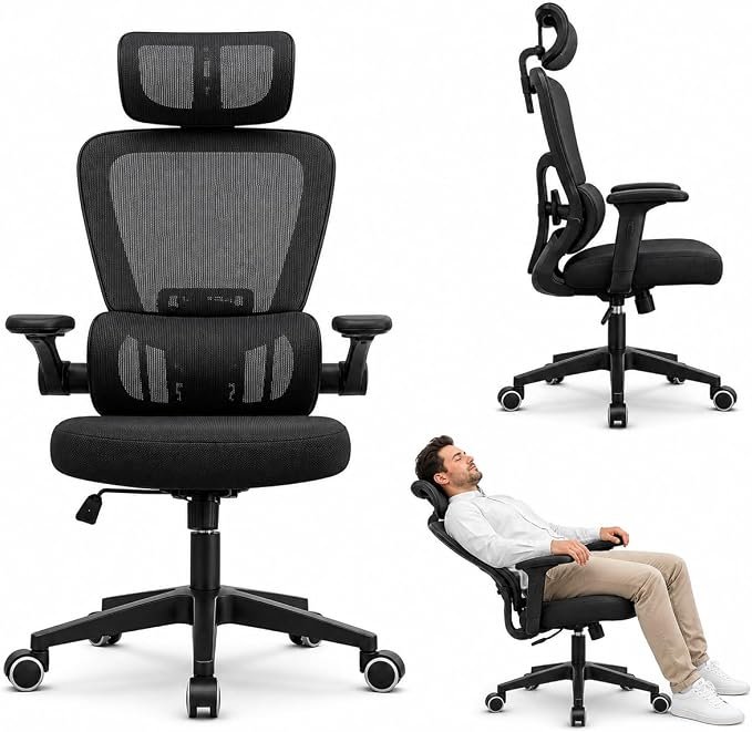 Cadeira de Escritório Presidente Ergonômica Preta Encosto Mesh Reclinável 135 Graus Cadeira Giratória com Apoio de Cabeça Braços