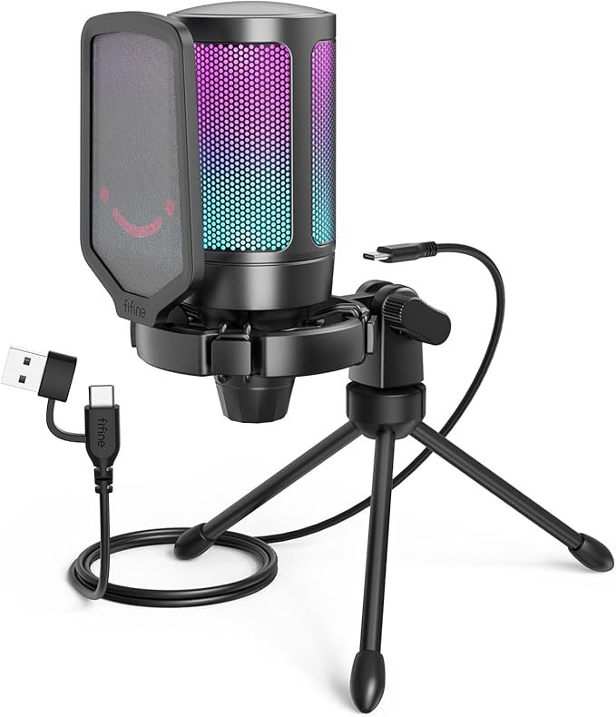 FIFINE Microfone USB Para Jogos Para PS5 PC, Microfone Condensador Com Mudo Rápido, Indicador RGB
